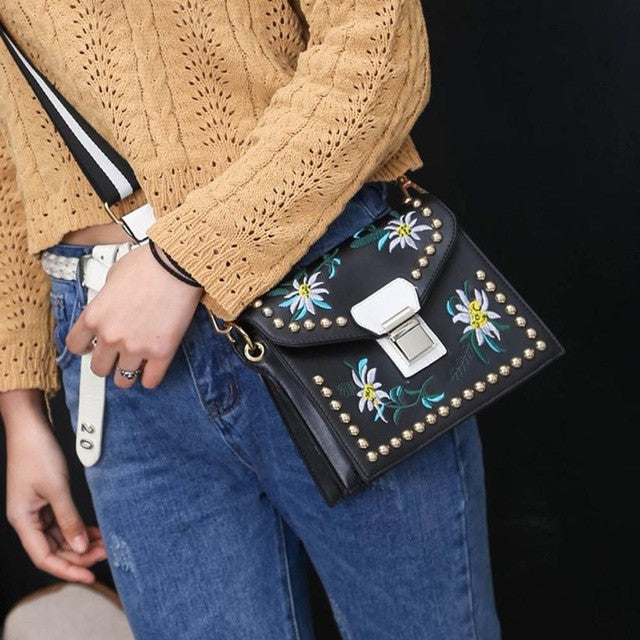 Leather Handbag - Flower Shoulder Bag