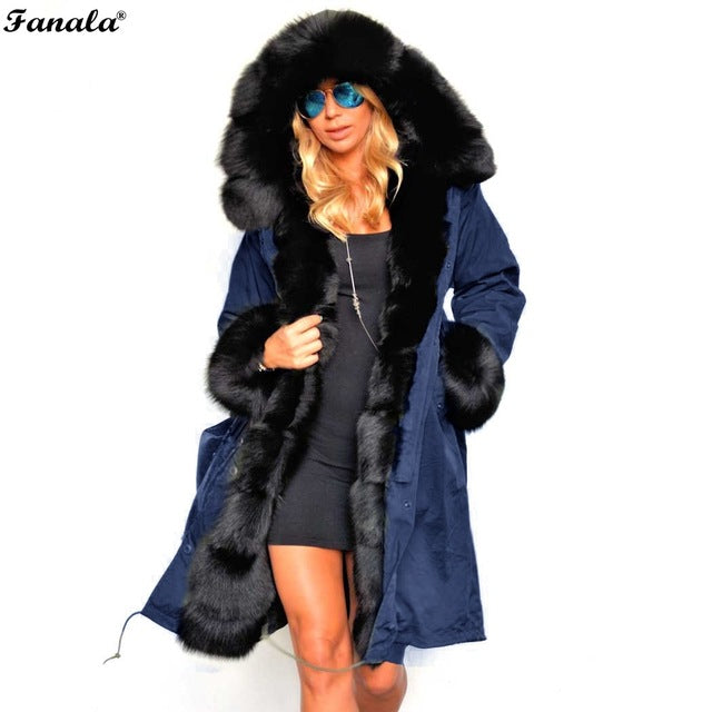 FANALA Women Winter Coats Faux Fur Women Jackets Real Large Fur Collar Thick Ladies Down & Parkas Coat Long Winter Coat Women