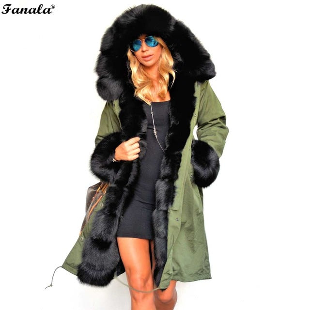 FANALA Women Winter Coats Faux Fur Women Jackets Real Large Fur Collar Thick Ladies Down & Parkas Coat Long Winter Coat Women